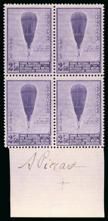 1932 Balloon Auguste Piccard set of three in mint n.h. marginal blocks of four, each with original signature of Piccard 
