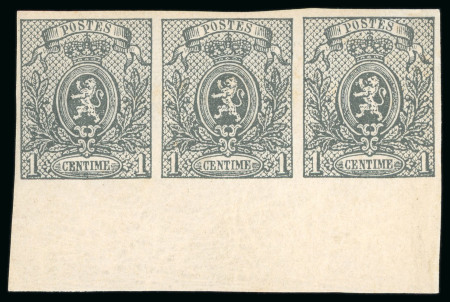 Stamp of Belgium 1866, 1c grey mint imperf. lower marginal strip of three