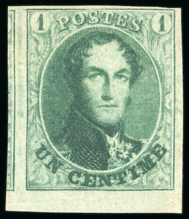 Stamp of Belgium 1861, 1c bottle green mint h.r. lower sheet marginal example