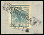 Stamp of Czechoslovakia 1850, 9kr greenish-blue, four large margins, tied to piece