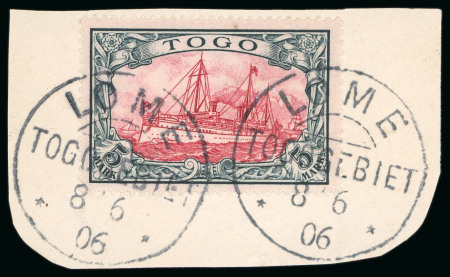 1900, Kaiser's Yacht no wmk 2M used with Sokode cds, and 5M on piece tied by two complete strikes of Lome cds