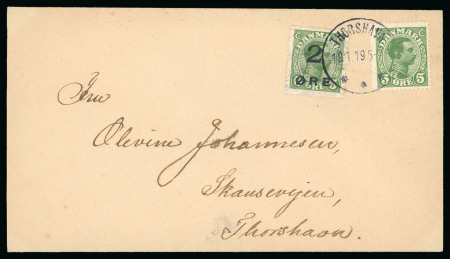 1919, Two examples of the 2 ore on 5 ore green overprint - one cover and one piece