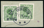 Stamp of Faroe Islands 1919, Two examples of the 2 ore on 5 ore green overprint - one cover and one piece