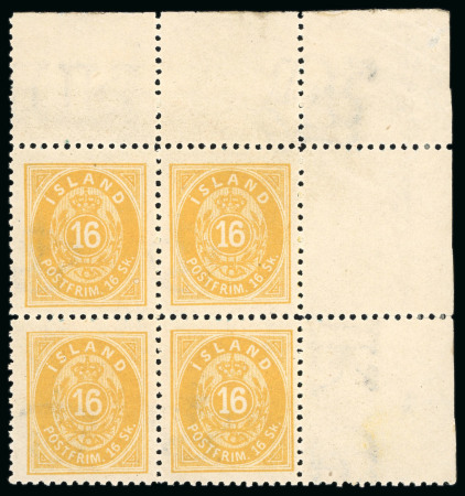 Stamp of Iceland 1873, 16sk yellow in mint n.h. top right corner marginal block of four