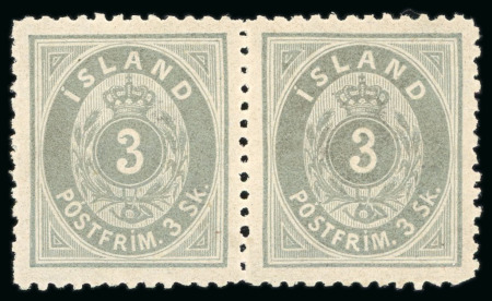 Stamp of Iceland 1873, 3sk grey, line perf.12 1/2, in mint pair