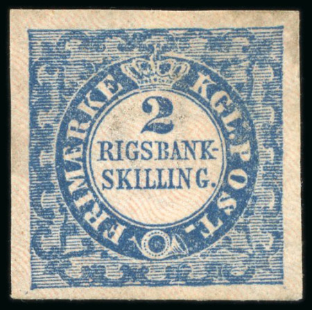 Stamp of Denmark 1851 2rbs blue, Thiele printing, mint o.g.