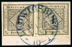 1851, 1kr black on yellow, type II, two very fine singles