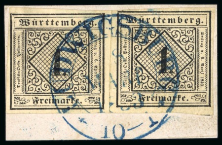 Stamp of German States » Wurttemberg 1851, 1kr black on yellow, type II, two very fine singles