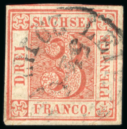 Stamp of German States » Saxony 1850, 3pf bright red, type II, four good to large margins,