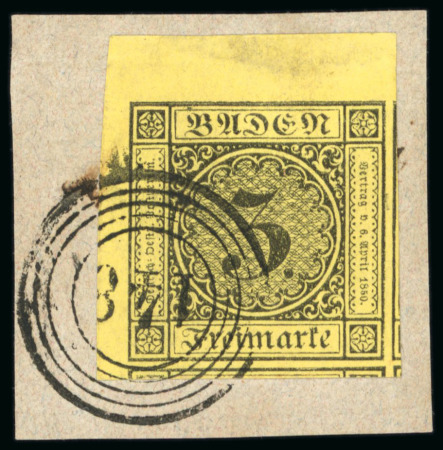 Stamp of German States » Baden 1851, 3kr black on yellow, an extraordinary example with huge margins