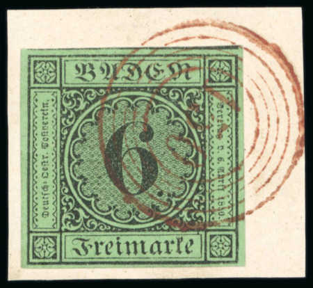 Stamp of German States » Baden 1851, 6kr black on yellow-green, superbly used on piece