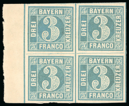 Stamp of German States » Bavaria 1850, 3kr blue, type II plate 5, superb mint n.h. with original gum marginal block of four, 