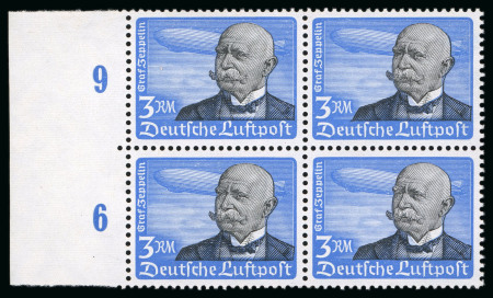 Stamp of Germany 1934 Airmail, 3R Graf von Zeppelin on horiz. ribbed paper in mint n.h. left marginal block of four