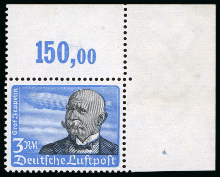 Stamp of Germany 1934 Airmail, 3R Graf von Zeppelin on horizontally ribbed paper in mint n.h. top right corner marginal