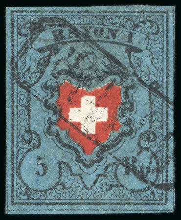 1850, 5 Rp. Rayon I dunkelblau ohne Kreuzeinfassung, Stabstempel "Franco"