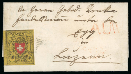 1850, Rayon II gelb ohne Kreuzeinfassung, Type 25, auf Brief von Auw (Kanton Aargau)