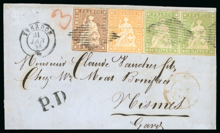 1854-63, 5 Rp., 20 Rp. und 40 Rp. im Paar um die drei Fache 35 c. Portorate nach Frankreich zu bezahlen auf Brief