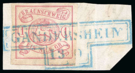 Stamp of German States » Brunswick 1852, 1sgr carmine, on piece with "Gandersheim/13.9" so called "Doppelhammerstempel"