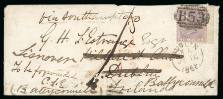 Stamp of Mauritius GB USED IN MAURITIUS: 1862 (Jun 9) Envelope to Dublin with GB 1855-57 6d pale lilac, wmk Emblems tied by "B53" numeral