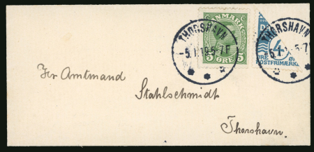 1919 4öre blue diagonally bisected with 5öre green tied by Thorshavn 5.1.19 cds