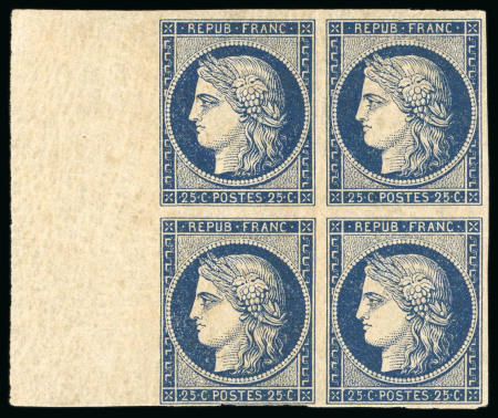 Stamp of France » Type Cérès de 1849-1850 1849, Bloc de 4 Cérès non dentelé 25 centimes bleu-noir