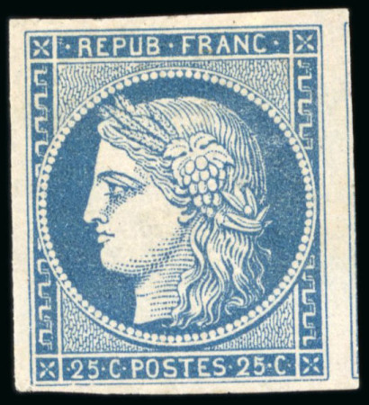 1849, Cérès non dentelé 25 centimes bleu foncé,