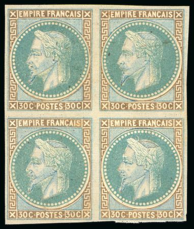 Stamp of France » Empire Lauré Essai du 30c. Bloc de 4. Essai bicolore par superposition. SUP. 