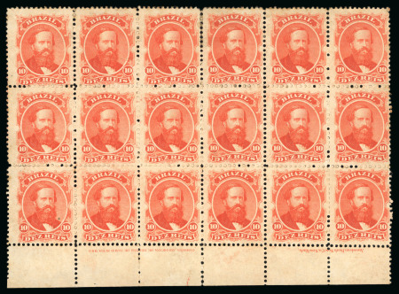 Stamp of Brazil » 1866-83 Dom Pedro » 1866 "Black Beard" Issue 1866, 10r vermilion, horizontal block of 18 (6x3) with inverted imprint