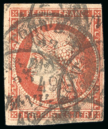 1849, Cérès 1 franc vermillon terne, Y&T n°7B, oblitération