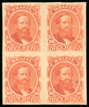 Stamp of Brazil » 1866-83 Dom Pedro » 1866 "Black Beard" Issue 1866, 10r vermilion, imperforate colour trial plate proof in block of four