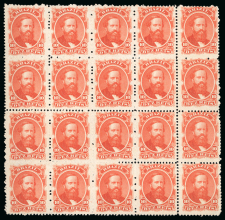 Stamp of Brazil » 1866-83 Dom Pedro » 1866 "Black Beard" Issue 1866, 10r vermilion, the exceptional block of 20 (5x4), n.h.