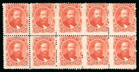 Stamp of Brazil » 1866-83 Dom Pedro » 1866 "Black Beard" Issue 1866, 10r vermilion, horizontal block of ten mint