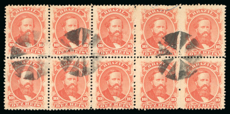Stamp of Brazil » 1866-83 Dom Pedro » 1866 "Black Beard" Issue 1866, 10r vermilion, horizontal block of ten, used