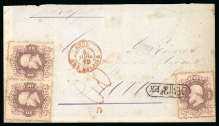 Stamp of Brazil » 1866-83 Dom Pedro » 1866 "Black Beard" Issue 1866, 20r brown carmine, three stamps on cover front at printed matter rate to France with unique cancellation