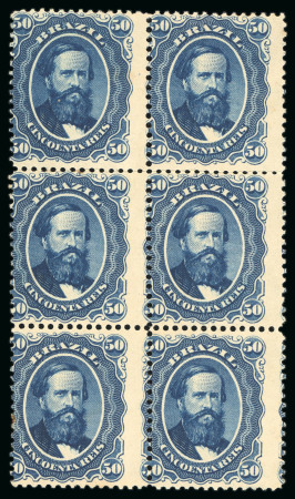 Stamp of Brazil » 1866-83 Dom Pedro » 1866 "Black Beard" Issue 1866, 50r blue, the vertical mint block of six