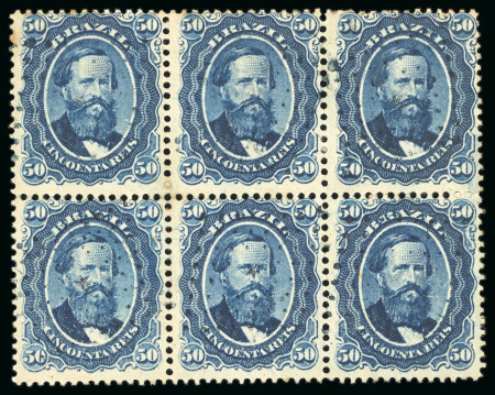 Stamp of Brazil » 1866-83 Dom Pedro » 1866 "Black Beard" Issue 1866, 50r blue, horizontal block of six used