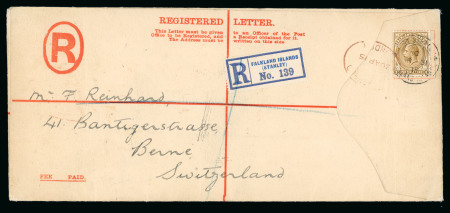 Stamp of Falkland Islands 1915 (Mar 31) long registered envelope to Switzerland with 1912-20 1s tied by Port Stanley double circle ds 