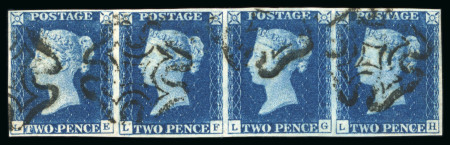 Stamp of Great Britain » 1840 2d Blue (ordered by plate number) 1840 2d. deep blue,  Pl. 2, LE-LH strip of four, good