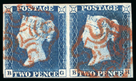 Stamp of Great Britain » 1840 2d Blue (ordered by plate number) 1840 2d. blue,  Pl. 1, BG-BH pair, good tolarge margins
