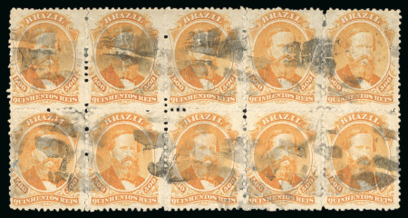 Stamp of Brazil » 1866-83 Dom Pedro » 1866 "Black Beard" Issue 1866, 500r orange, horizontal block of ten, some usual