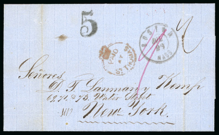 Stamp of Danish West Indies 1861 (Apr 16) entire from Dominican Republic, sent via St. Thomas with the rare framed "No. / DETAINED FOR POSTAGE"