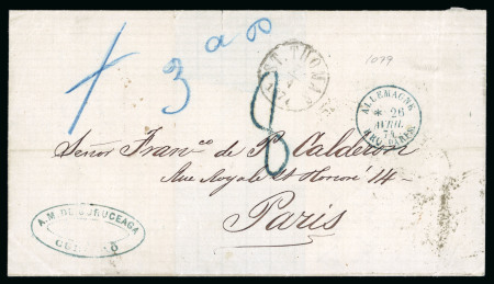 Stamp of Danish West Indies 1874 (Apr) wrapper from Curacao to France, carried to St. Thomas with Danish P.O. cds on front