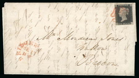 Stamp of Great Britain » 1840 1d Black and 1d Red plates 1a to 11 1840 (Sep 17) entire with 1840 1d. black pl.2 tied by the rare Bridgewater Maltese cross in pink 
