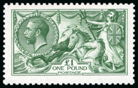 Stamp of Great Britain » King George V » 1913-19 Seahorse Issues 1913 Waterlow £1 green, a superbly fresh mint NH example,
