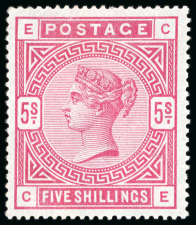 Stamp of Great Britain » 1855-1900 Surface Printed » 1883-84 & 1888 High Values 1883-84 5/- rose, CE, on blued paper; unused with large