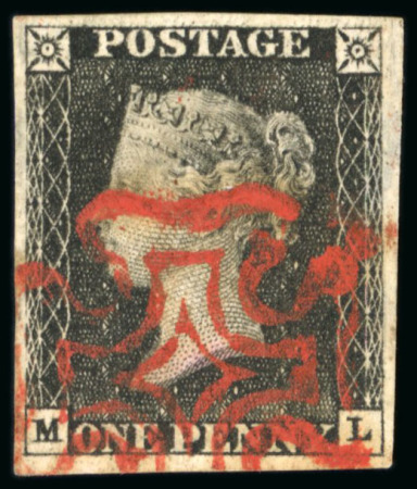 Stamp of Great Britain » 1840 1d Black and 1d Red plates 1a to 11 Penny Black (ML) Plate 6 (light thin) STUNNING RED CROSS