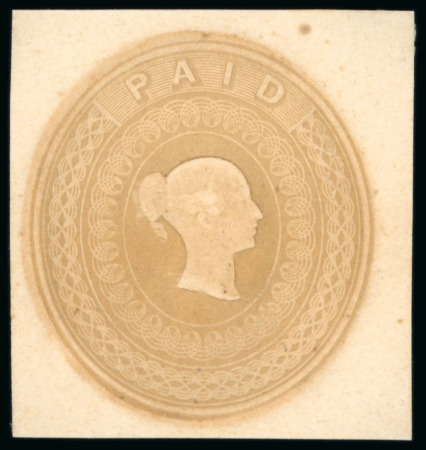 Charles Whiting embossed essays for stamping paper with "PAID" at top, printed in ochre