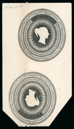 Charles Whiting embossed essay for stamping paper in black (without "PAID" at top) in tête-bêche pair