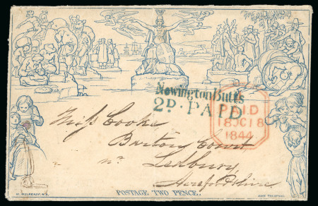 Stamp of Great Britain » 1840 Mulreadys & Caricatures 1840 2d Mulready envelope cancelled by a perfectly struck blue "Newington Butts / 2d PAID" receiving office handstamp 