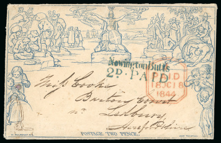 1840 2d Mulready envelope cancelled by a perfectly struck blue "Newington Butts / 2d PAID" receiving office handstamp 